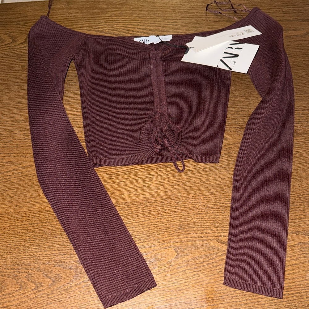 Zara Brown Off-Shoulder Ribbed Top